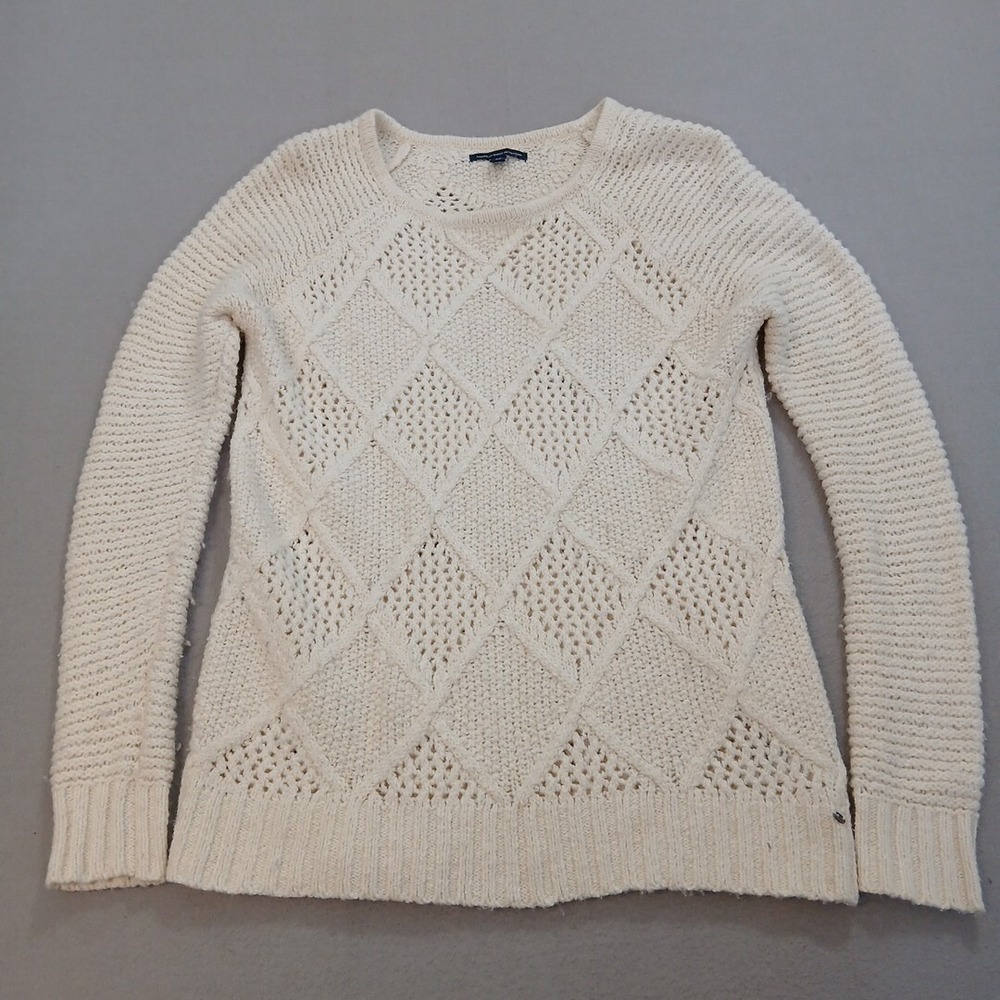 American Eagle Sweater Womens Small Petite Off White‎ Diamond Open Knit Pattern